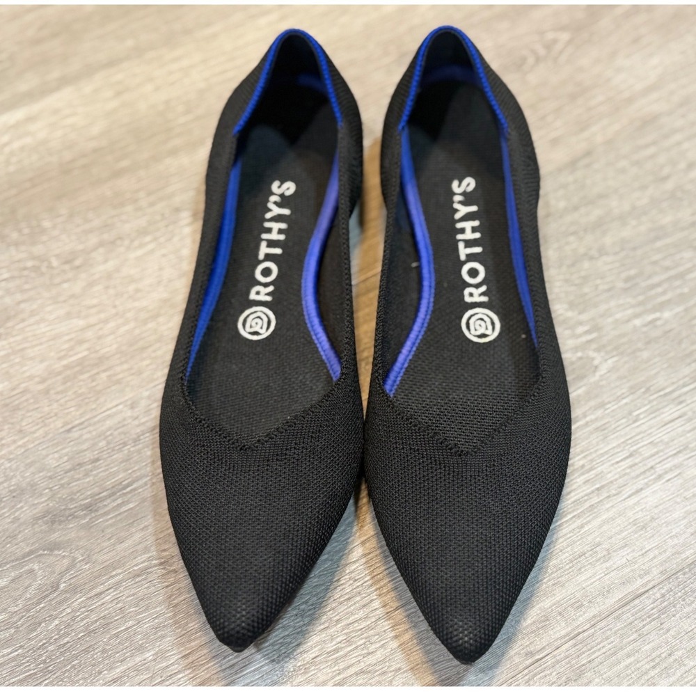 Rothy's The Point Black Cobalt Blue Trim Knit Flats Women's Size 8.5